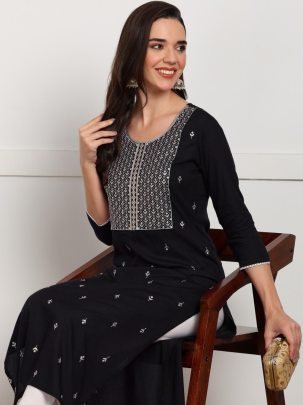 Stylish Single Embroidery Sequence Work Kurti | Elegant Ethnic Wear Online Black Color
