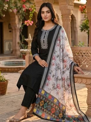 Black Embroidered Kurta Set With Floral Printed Dupatta