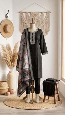Black Embroidered Kurta Set With Floral Printed Dupatta
