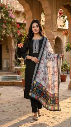 Black Embroidered Kurta Set With Floral Printed Dupatta