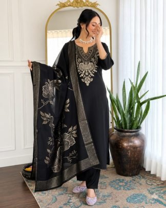 Black Royale Embroidered Cotton Kurta Pant Set
