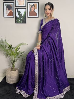 Blooming Purple Vichitra Silk Saree With Embroidery Work And Swarovski Detailing