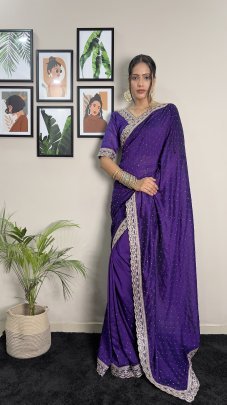Blooming Purple Vichitra Silk Saree With Embroidery Work And Swarovski Detailing
