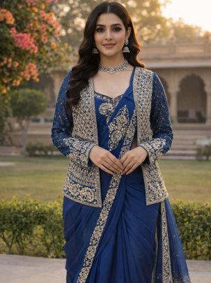 Blue Colour Ready To Wear Saree With Jacket