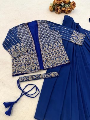 Blue Colour Ready To Wear Saree With Jacket