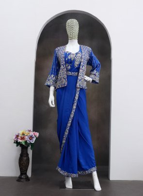 Blue Colour Ready To Wear Saree With Jacket