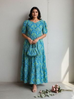 Blue Flavor Printed Fox Georgette Short Sleeves Dress