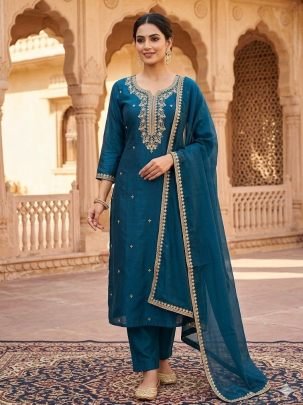 Elegant Rama Embroidered Straight Kurti Pant Set