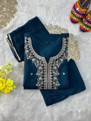 Elegant Rama Embroidered Straight Kurti Pant Set
