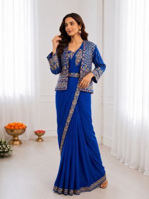 Blue Silk Saree with Embroidered Jacket  And Stitched Blouse 