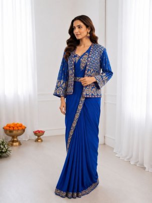 Blue Silk Saree with Embroidered Jacket  And Stitched Blouse