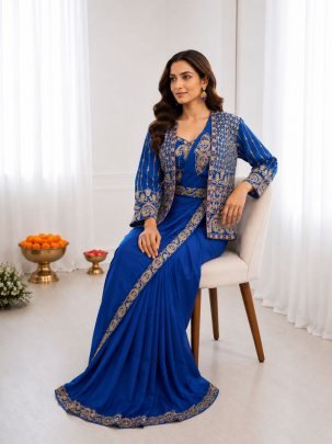 Blue Silk Saree with Embroidered Jacket  And Stitched Blouse