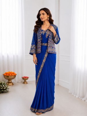 Blue Silk Saree with Embroidered Jacket  And Stitched Blouse