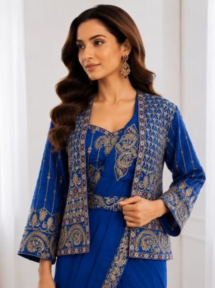 Blue Silk Saree with Embroidered Jacket  And Stitched Blouse