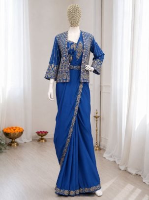 Blue Silk Saree with Embroidered Jacket  And Stitched Blouse