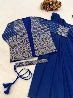 Blue Silk Saree with Embroidered Jacket  And Stitched Blouse
