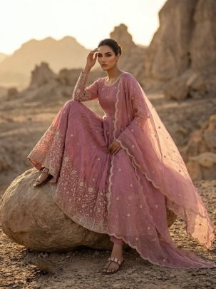 Blush Aura Fendy Silk Anarkali Gown Set with Dupatta
