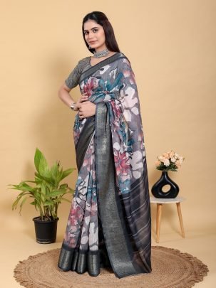 Bold Abstract Floral Print Jacquard Linen Cotton Saree With Matching Designer Blouse Piece