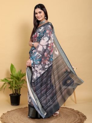 Bold Abstract Floral Print Jacquard Linen Cotton Saree With Matching Designer Blouse Piece