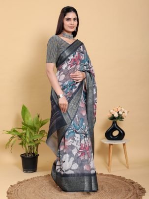 Bold Abstract Floral Print Jacquard Linen Cotton Saree With Matching Designer Blouse Piece