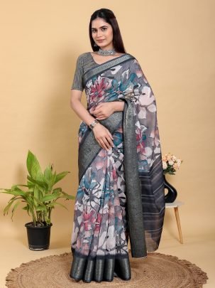Bold Abstract Floral Print Jacquard Linen Cotton Saree With Matching Designer Blouse Piece
