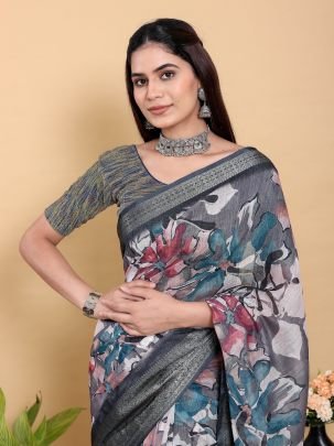 Bold Abstract Floral Print Jacquard Linen Cotton Saree With Matching Designer Blouse Piece