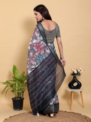 Bold Abstract Floral Print Jacquard Linen Cotton Saree With Matching Designer Blouse Piece