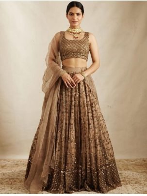 Brown Net Sequins Work Lehenga Choli With Zari Work Dupatta