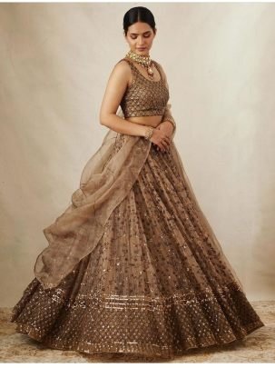 Brown Net Sequins Work Lehenga Choli With Zari Work Dupatta