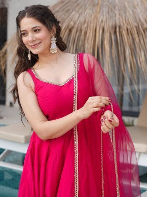 Chanderi Fabric Rani Pink Colour Anarkali Suit