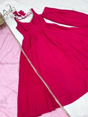 Chanderi Fabric Rani Pink Colour Anarkali Suit