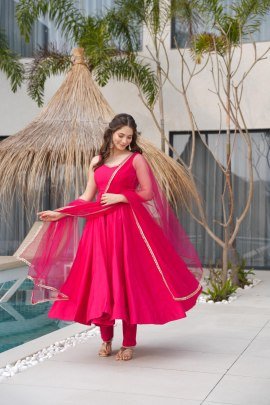 Chanderi Fabric Rani Pink Colour Anarkali Suit