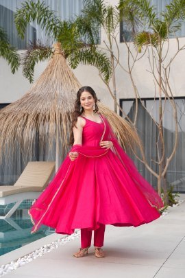 Chanderi Fabric Rani Pink Colour Anarkali Suit