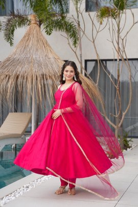 Chanderi Fabric Rani Pink Colour Anarkali Suit