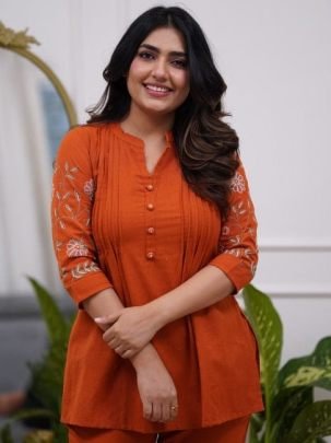 Chanderi Silk Fabric Rust Orange Colour Co Ord Set