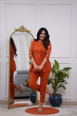 Chanderi Silk Fabric Rust Orange Colour Co Ord Set