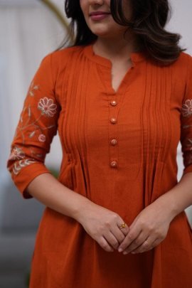 Chanderi Silk Fabric Rust Orange Colour Co Ord Set