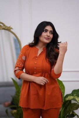 Chanderi Silk Fabric Rust Orange Colour Co Ord Set