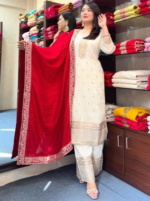 Chinnon Silk Embroidery Work Kurti With Sequence Work Pent And Dupatta