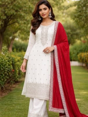 Chinnon Silk Embroidery Work Kurti With Sequence Work Pent And Dupatta