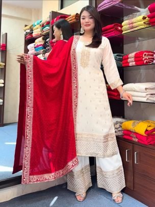 Chinnon Silk Embroidery Work Kurti With Sequence Work Pent And Dupatta