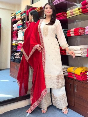 Chinnon Silk Embroidery Work Kurti With Sequence Work Pent And Dupatta