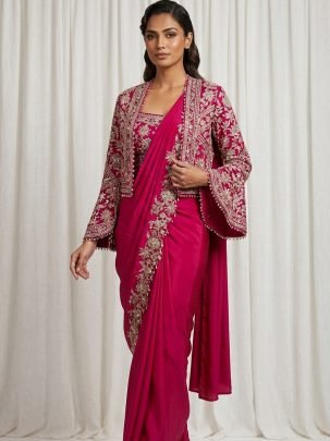Chinnon Silk Fabric Pink Colour Ready To Wear Saree