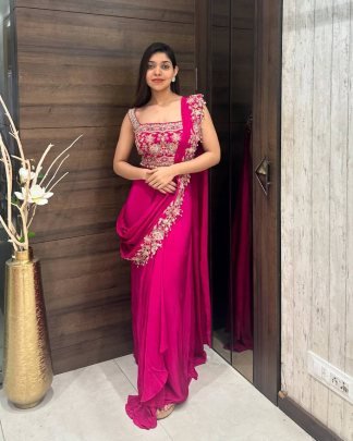 Chinnon Silk Fabric Pink Colour Ready To Wear Saree