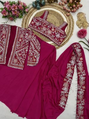 Chinnon Silk Fabric Pink Colour Ready To Wear Saree