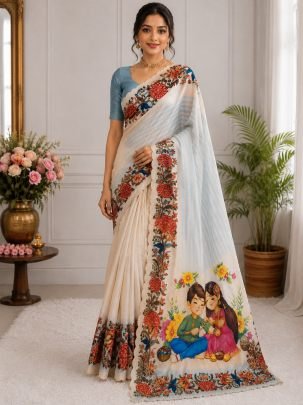 Chinnon Silk Fabric White Colour Rakshabandhan Saree
