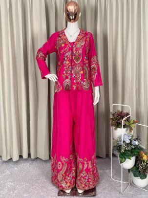 Chinon Fabric Hot Pink Colour  Indo Western Dress