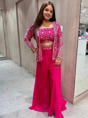 Chinon Rani Pink Palazzo Koti Blouse Set With Embroidery Sequin Work