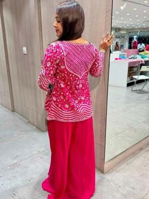 Chinon Rani Pink Palazzo Koti Blouse Set With Embroidery Sequin Work