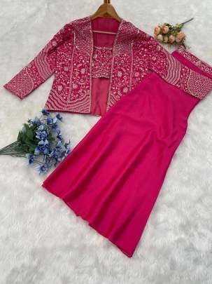 Chinon Rani Pink Palazzo Koti Blouse Set With Embroidery Sequin Work